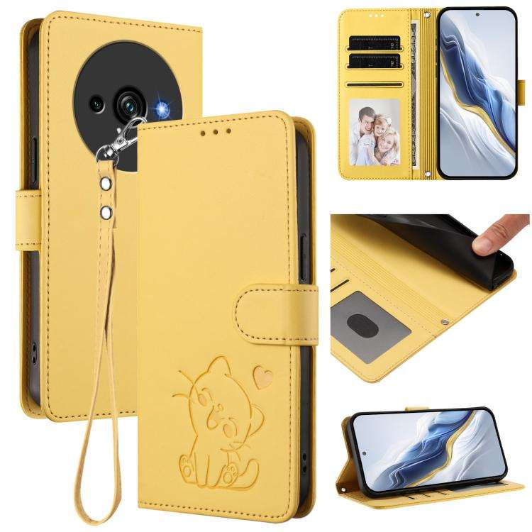 For Oukitel C59 / C59 Pro Embossed Heart Cat Leather Phone Case with Hand Strap(Yellow)