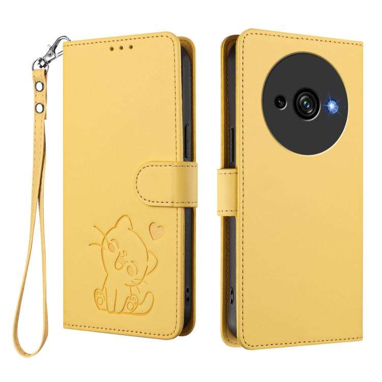 For Oukitel C59 / C59 Pro Embossed Heart Cat Leather Phone Case with Hand Strap(Yellow)