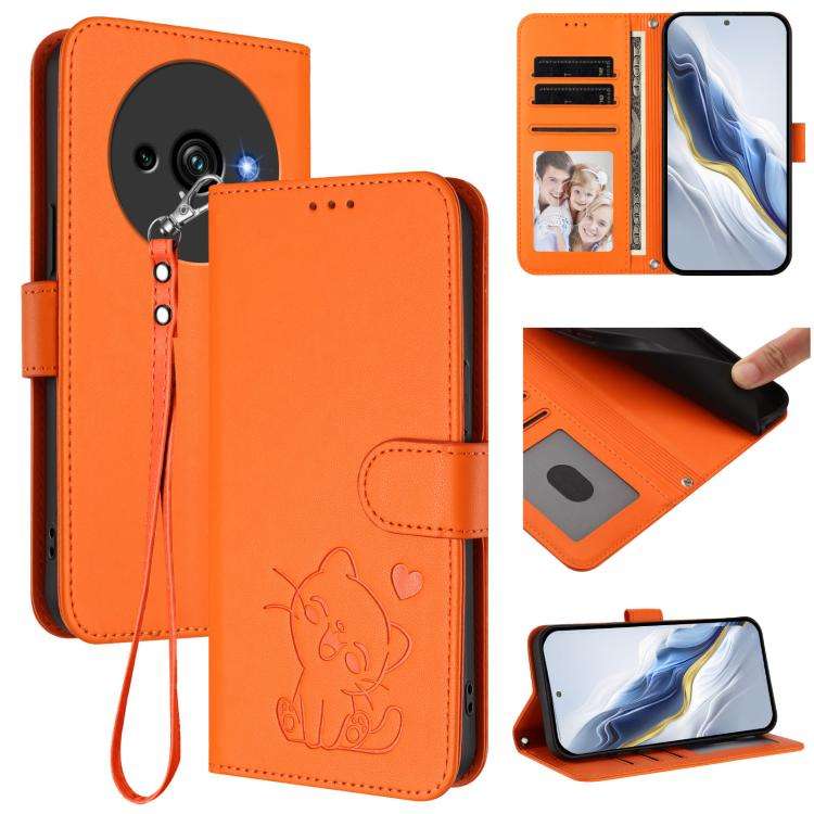 For Oukitel C59 / C59 Pro Embossed Heart Cat Leather Phone Case with Hand Strap(Orange)