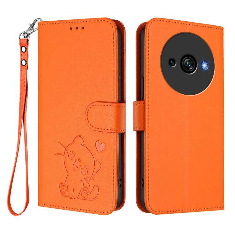 For Oukitel C59 / C59 Pro Embossed Heart Cat Leather Phone Case with Hand Strap(Orange)
