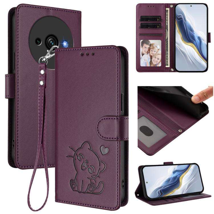 For Oukitel C59 / C59 Pro Embossed Heart Cat Leather Phone Case with Hand Strap(Dark Purple)