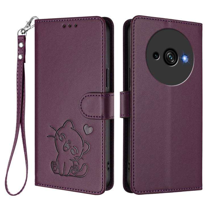 For Oukitel C59 / C59 Pro Embossed Heart Cat Leather Phone Case with Hand Strap(Dark Purple)