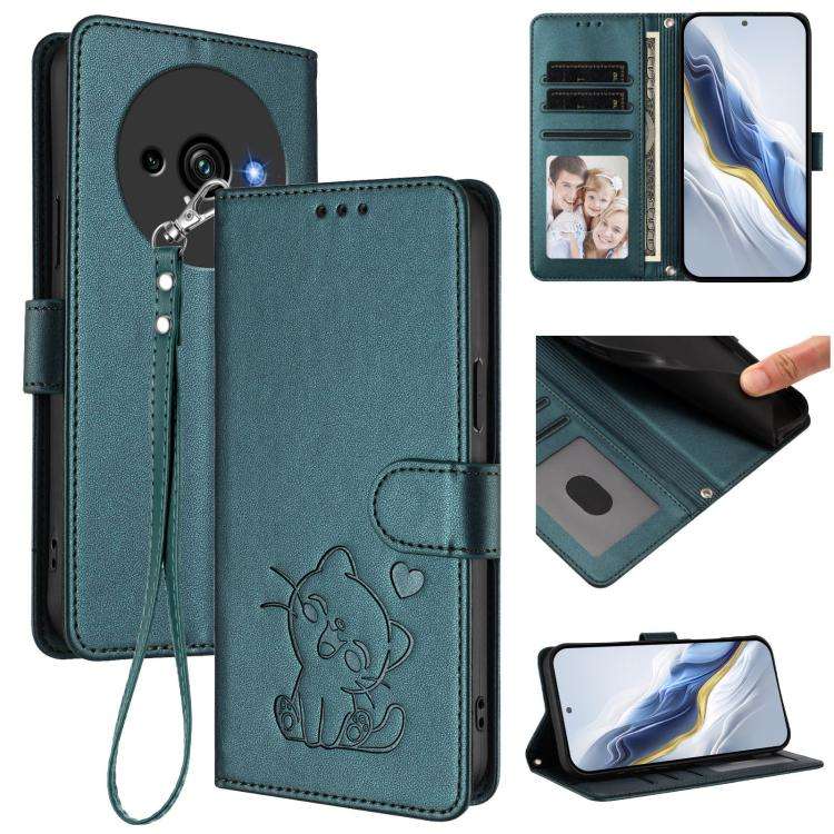 For Oukitel C59 / C59 Pro Embossed Heart Cat Leather Phone Case with Hand Strap(Dark Green)
