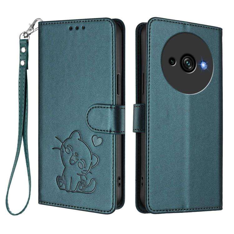 For Oukitel C59 / C59 Pro Embossed Heart Cat Leather Phone Case with Hand Strap(Dark Green)