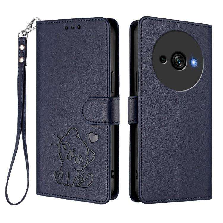 For Oukitel C59 / C59 Pro Embossed Heart Cat Leather Phone Case with Hand Strap(Blue)