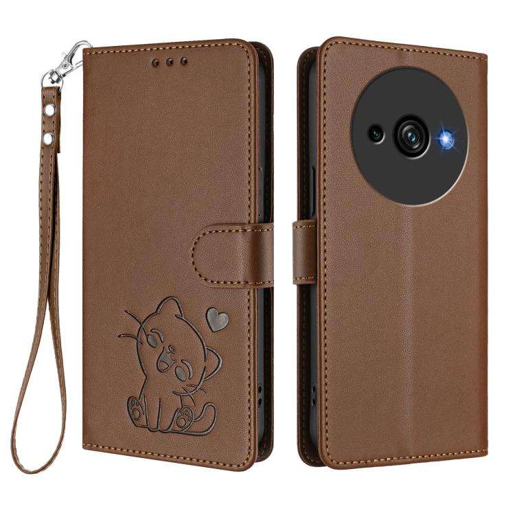 For Oukitel C59 / C59 Pro Embossed Heart Cat Leather Phone Case with Hand Strap(Brown)