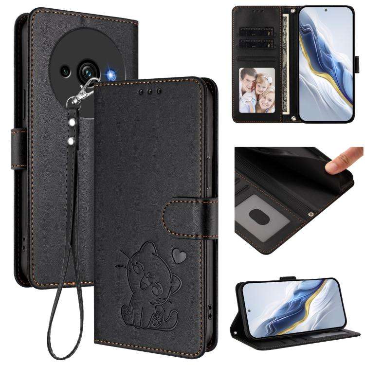 For Oukitel C59 / C59 Pro Embossed Heart Cat Leather Phone Case with Hand Strap(Black)