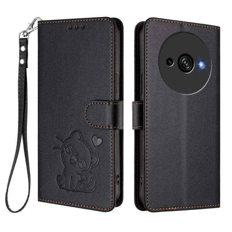 For Oukitel C59 / C59 Pro Embossed Heart Cat Leather Phone Case with Hand Strap(Black)