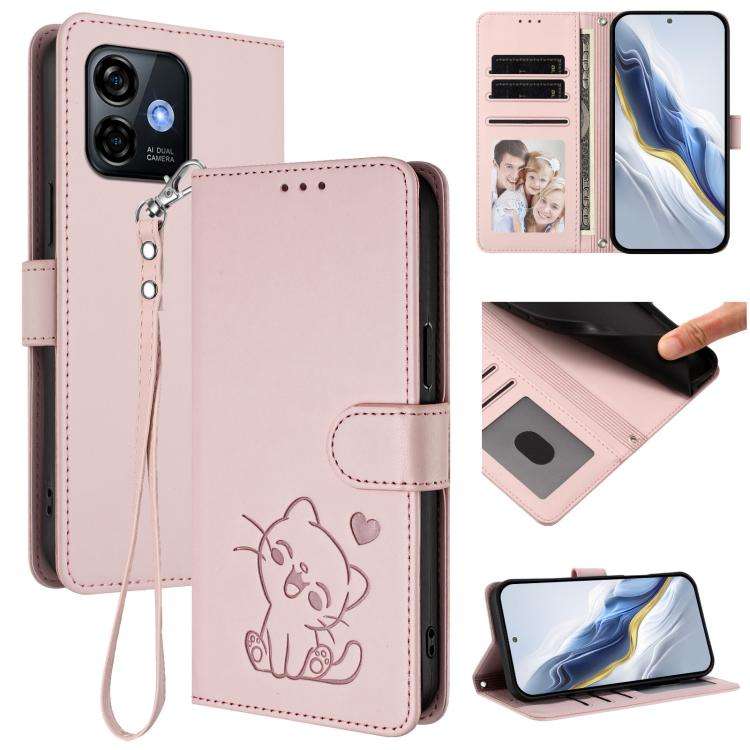 For Ulefone Note 16 Pro Embossed Heart Cat Leather Phone Case with Hand Strap(Pink)