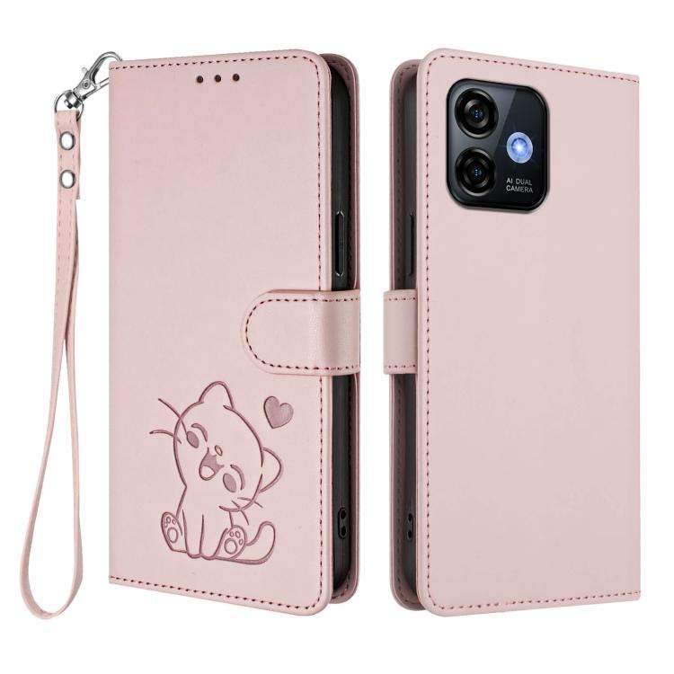 For Ulefone Note 16 Pro Embossed Heart Cat Leather Phone Case with Hand Strap(Pink)