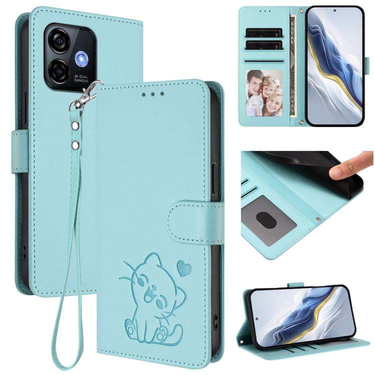 For Ulefone Note 16 Pro Embossed Heart Cat Leather Phone Case with Hand Strap(Mint Green)
