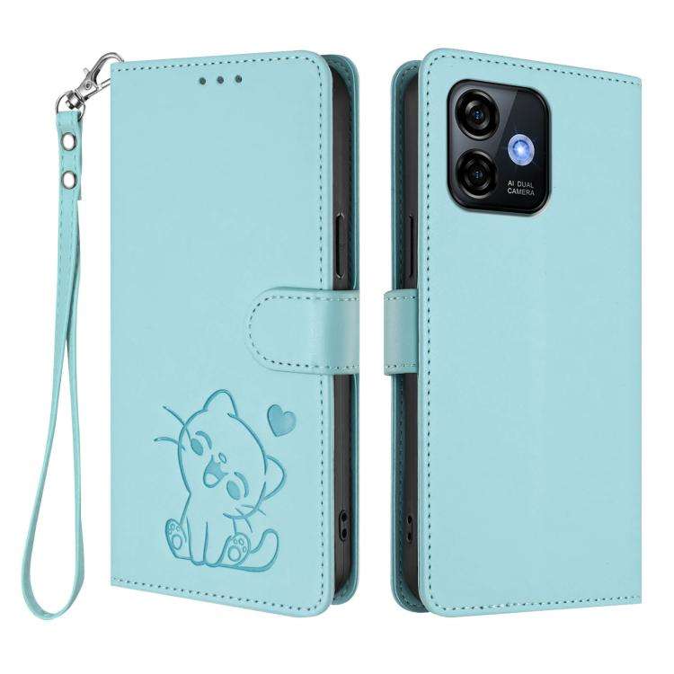 For Ulefone Note 16 Pro Embossed Heart Cat Leather Phone Case with Hand Strap(Mint Green)