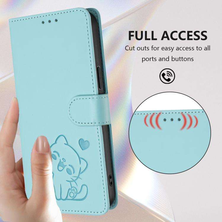 For Ulefone Note 16 Pro Embossed Heart Cat Leather Phone Case with Hand Strap(Mint Green)
