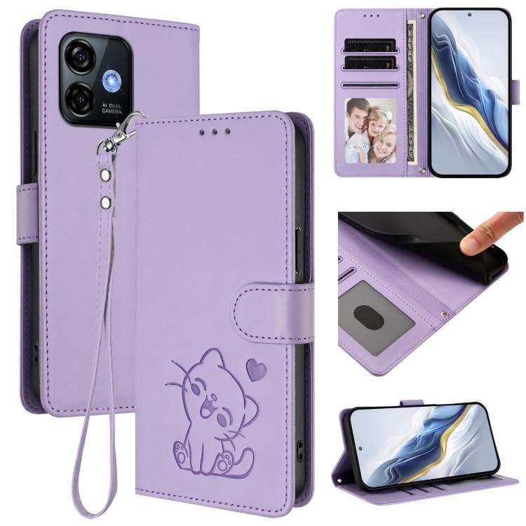 For Ulefone Note 16 Pro Embossed Heart Cat Leather Phone Case with Hand Strap(Light Purple)