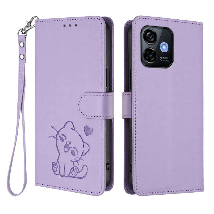 For Ulefone Note 16 Pro Embossed Heart Cat Leather Phone Case with Hand Strap(Light Purple)