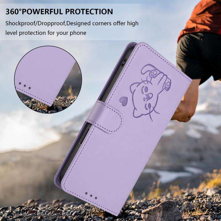 For Ulefone Note 16 Pro Embossed Heart Cat Leather Phone Case with Hand Strap(Light Purple)
