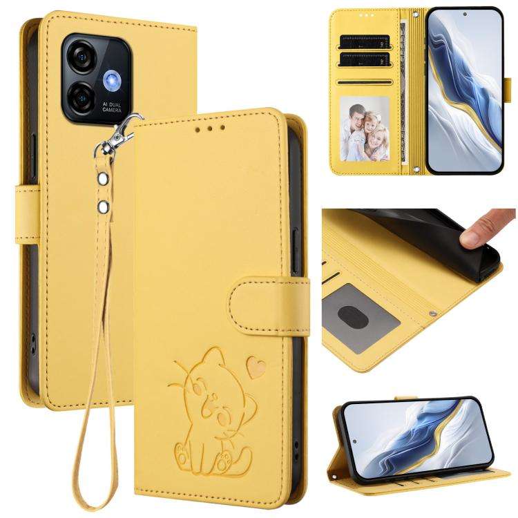 For Ulefone Note 16 Pro Embossed Heart Cat Leather Phone Case with Hand Strap(Yellow)