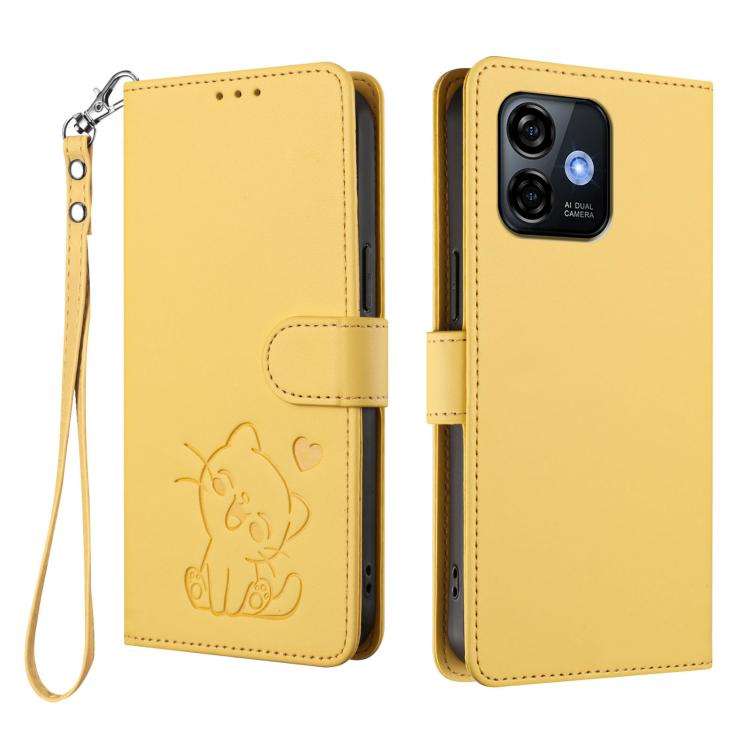 For Ulefone Note 16 Pro Embossed Heart Cat Leather Phone Case with Hand Strap(Yellow)