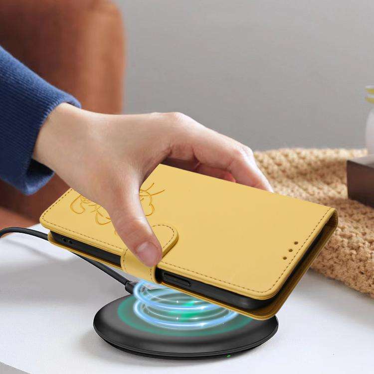 For Ulefone Note 16 Pro Embossed Heart Cat Leather Phone Case with Hand Strap(Yellow)