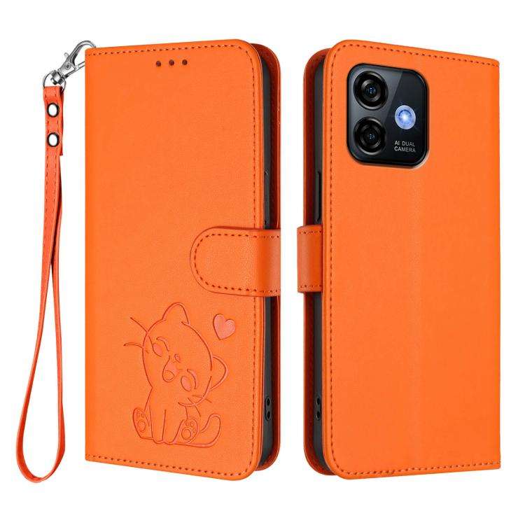 For Ulefone Note 16 Pro Embossed Heart Cat Leather Phone Case with Hand Strap(Orange)