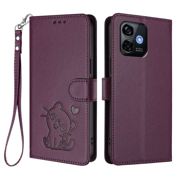 For Ulefone Note 16 Pro Embossed Heart Cat Leather Phone Case with Hand Strap(Dark Purple)