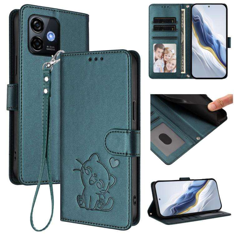 For Ulefone Note 16 Pro Embossed Heart Cat Leather Phone Case with Hand Strap(Dark Green)