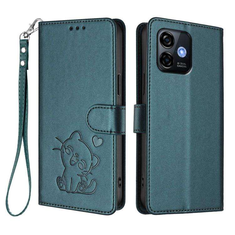 For Ulefone Note 16 Pro Embossed Heart Cat Leather Phone Case with Hand Strap(Dark Green)