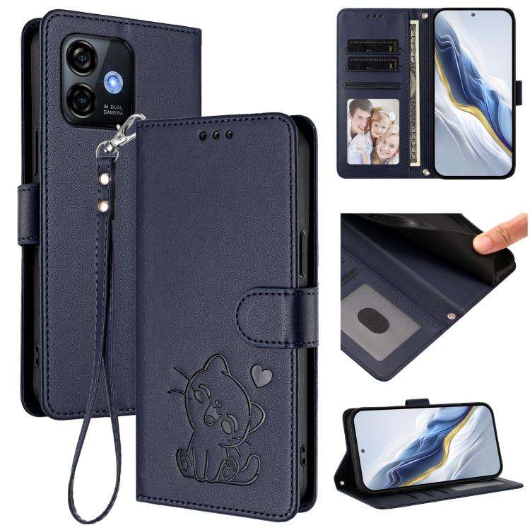 For Ulefone Note 16 Pro Embossed Heart Cat Leather Phone Case with Hand Strap(Blue)