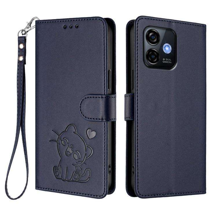 For Ulefone Note 16 Pro Embossed Heart Cat Leather Phone Case with Hand Strap(Blue)