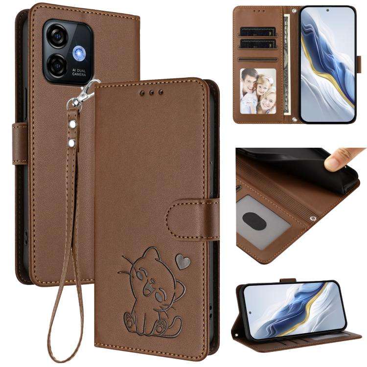 For Ulefone Note 16 Pro Embossed Heart Cat Leather Phone Case with Hand Strap(Brown)