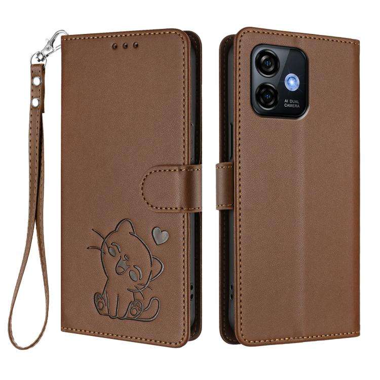 For Ulefone Note 16 Pro Embossed Heart Cat Leather Phone Case with Hand Strap(Brown)
