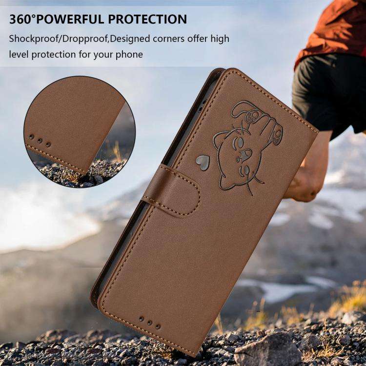 For Ulefone Note 16 Pro Embossed Heart Cat Leather Phone Case with Hand Strap(Brown)
