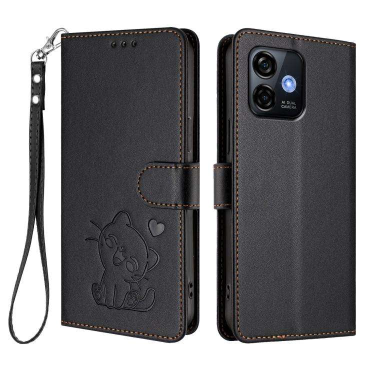For Ulefone Note 16 Pro Embossed Heart Cat Leather Phone Case with Hand Strap(Black)