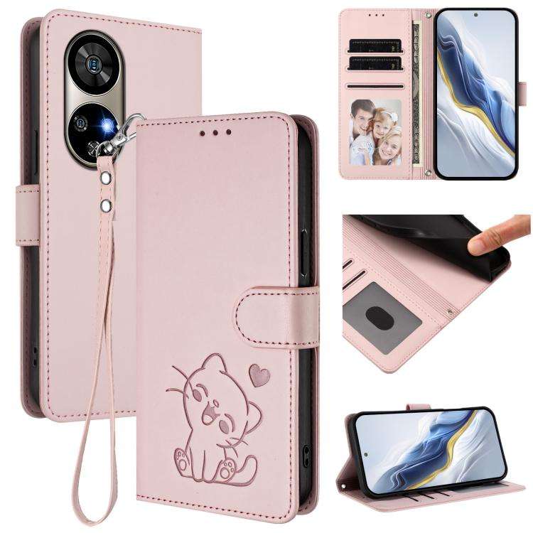 For Ulefone Note 17 Pro Embossed Heart Cat Leather Phone Case with Hand Strap(Pink)