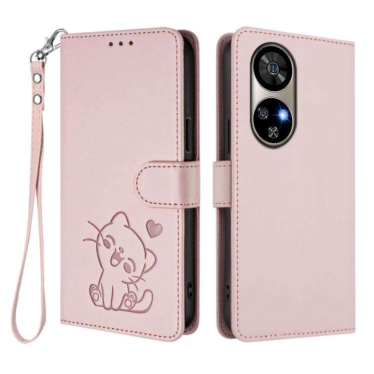 For Ulefone Note 17 Pro Embossed Heart Cat Leather Phone Case with Hand Strap(Pink)