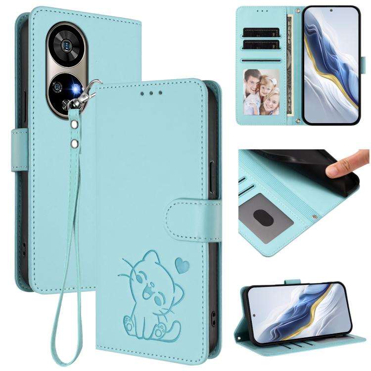 For Ulefone Note 17 Pro Embossed Heart Cat Leather Phone Case with Hand Strap(Mint Green)