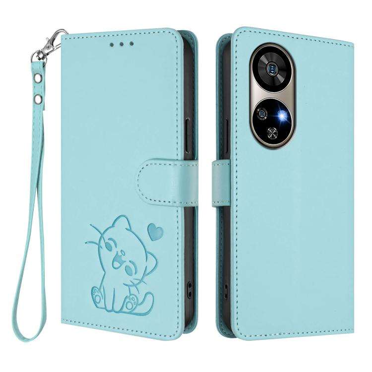 For Ulefone Note 17 Pro Embossed Heart Cat Leather Phone Case with Hand Strap(Mint Green)