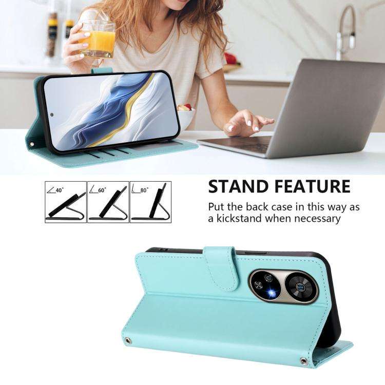 For Ulefone Note 17 Pro Embossed Heart Cat Leather Phone Case with Hand Strap(Mint Green)