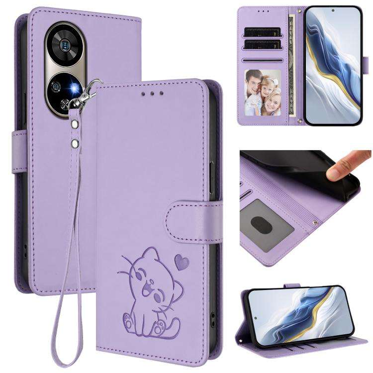 For Ulefone Note 17 Pro Embossed Heart Cat Leather Phone Case with Hand Strap(Light Purple)