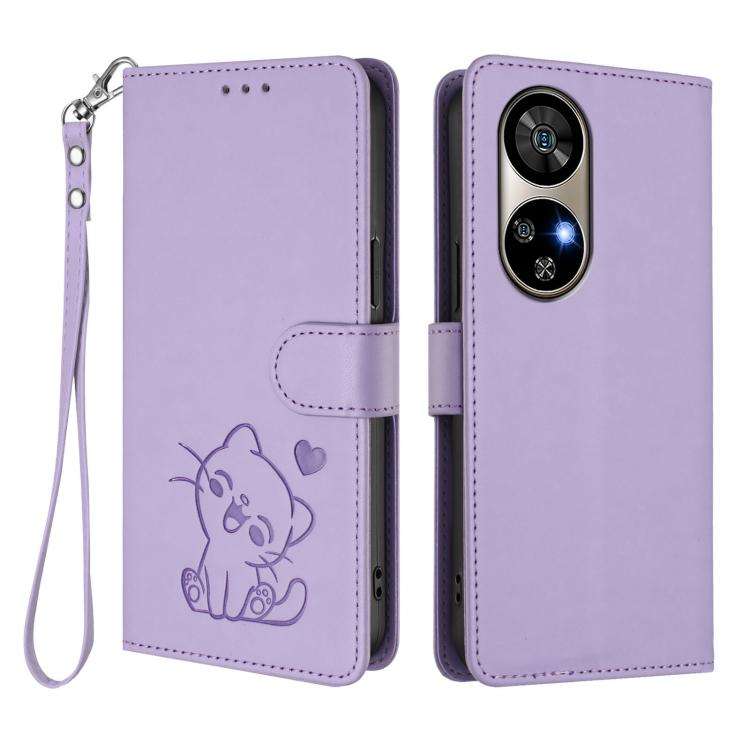 For Ulefone Note 17 Pro Embossed Heart Cat Leather Phone Case with Hand Strap(Light Purple)