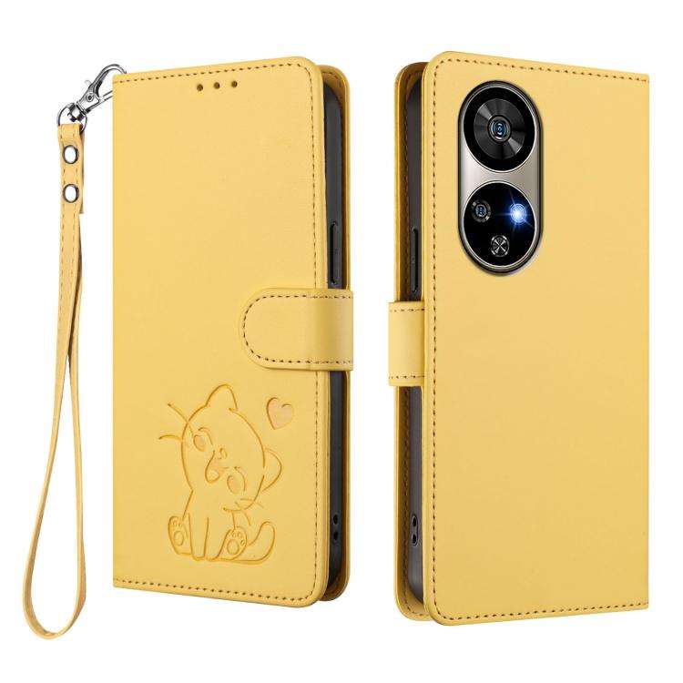 For Ulefone Note 17 Pro Embossed Heart Cat Leather Phone Case with Hand Strap(Yellow)