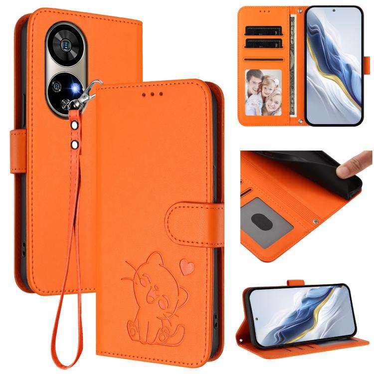 For Ulefone Note 17 Pro Embossed Heart Cat Leather Phone Case with Hand Strap(Orange)