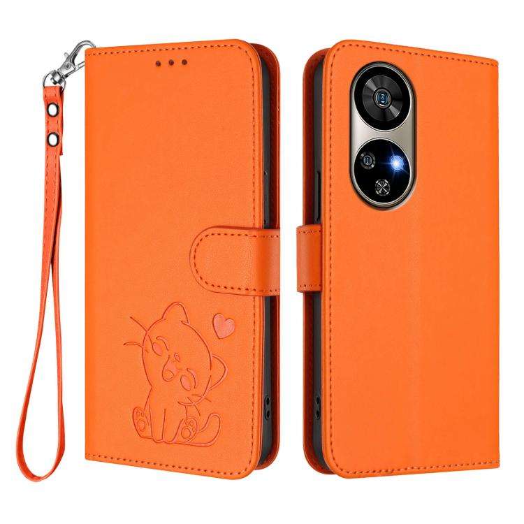 For Ulefone Note 17 Pro Embossed Heart Cat Leather Phone Case with Hand Strap(Orange)