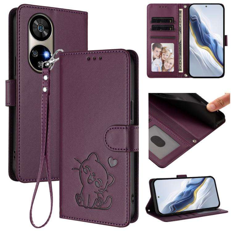 For Ulefone Note 17 Pro Embossed Heart Cat Leather Phone Case with Hand Strap(Dark Purple)