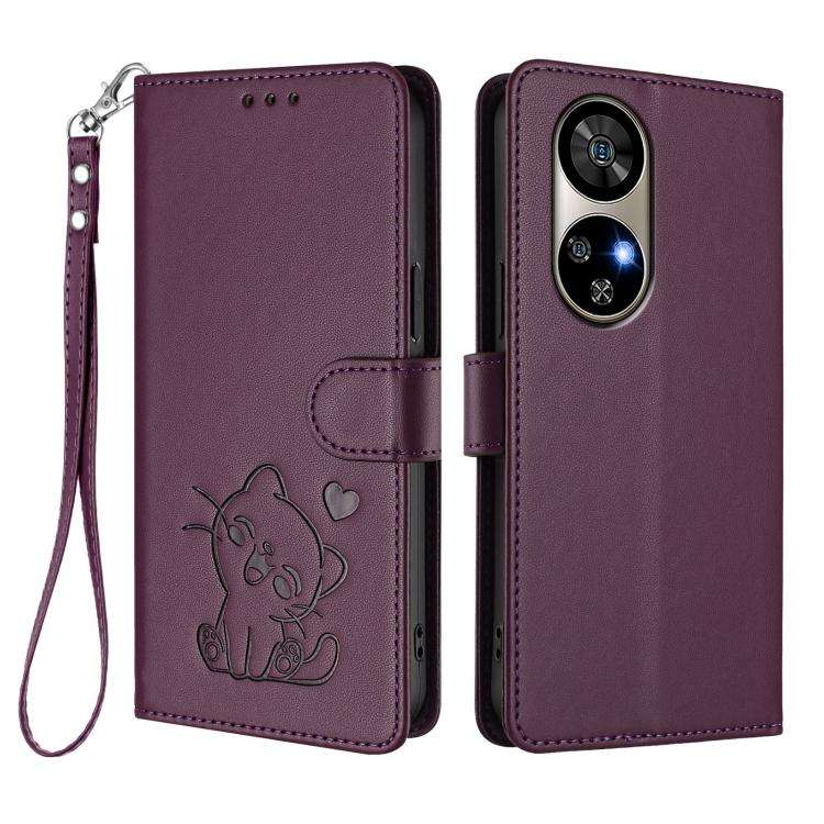 For Ulefone Note 17 Pro Embossed Heart Cat Leather Phone Case with Hand Strap(Dark Purple)