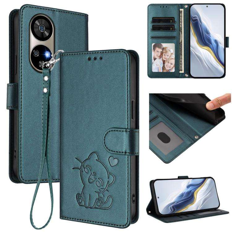 For Ulefone Note 17 Pro Embossed Heart Cat Leather Phone Case with Hand Strap(Dark Green)