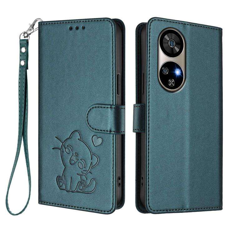 For Ulefone Note 17 Pro Embossed Heart Cat Leather Phone Case with Hand Strap(Dark Green)