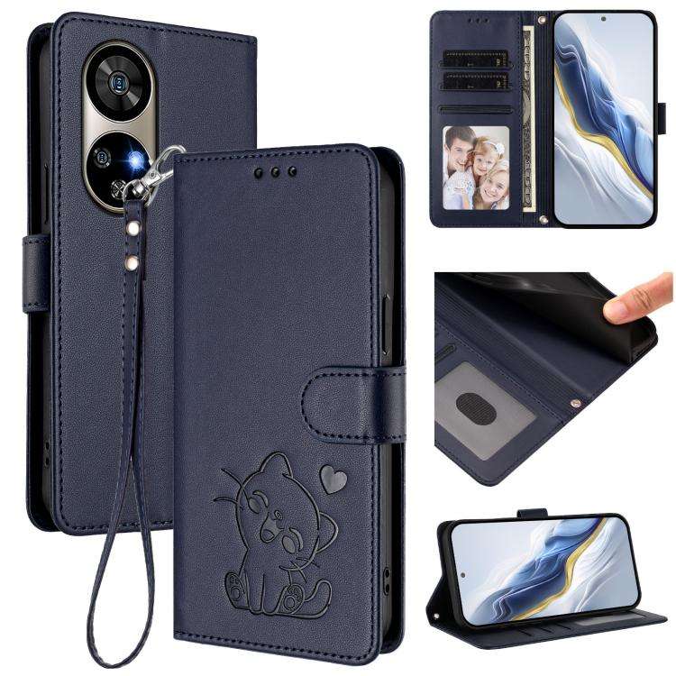 For Ulefone Note 17 Pro Embossed Heart Cat Leather Phone Case with Hand Strap(Blue)