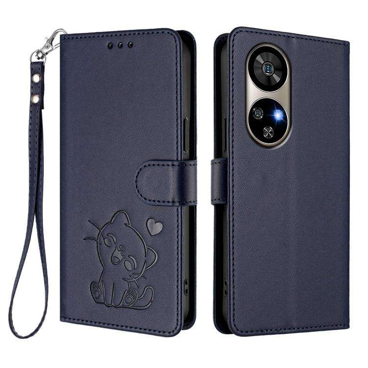 For Ulefone Note 17 Pro Embossed Heart Cat Leather Phone Case with Hand Strap(Blue)