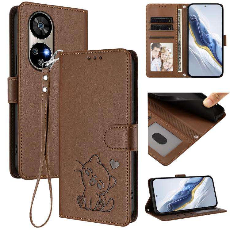 For Ulefone Note 17 Pro Embossed Heart Cat Leather Phone Case with Hand Strap(Brown)